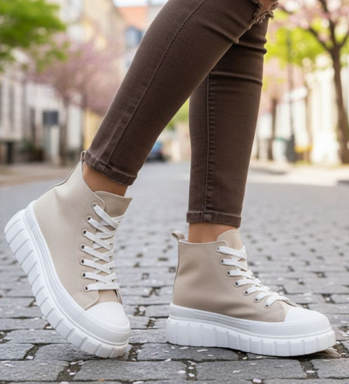Beżowe trampki damskie na platformie /C7-2 9144 S495/
