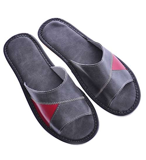 Szare skórzane klapki domowe /A4-1 12554 M192/ Szare skórzane klapki domowe /A4-1 12554 M192/