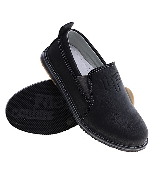 Czarne chłopięce półbuty wsuwane mokasyny /E3-2 14939 S089/