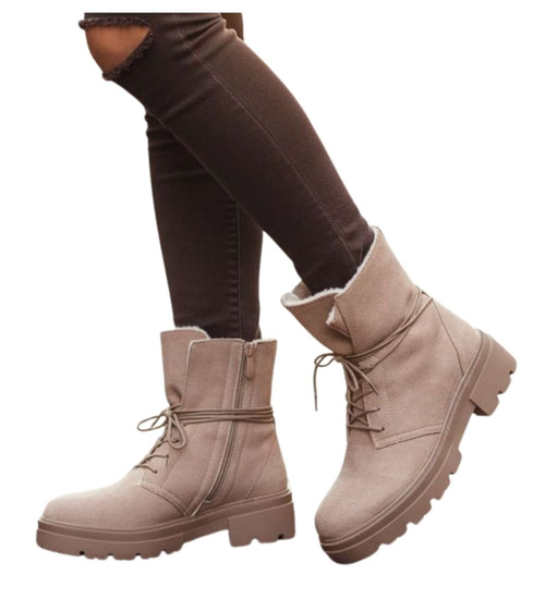 Zimowe botki trapery z ociepleniem beżowe /F8-2 18499 T4/