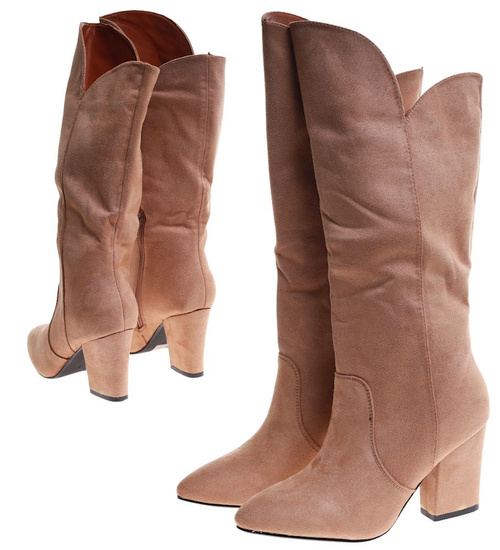 Klasyczne beżowe kozaki na obcasie z zamszu /C5-3 16896 G483 +H2/