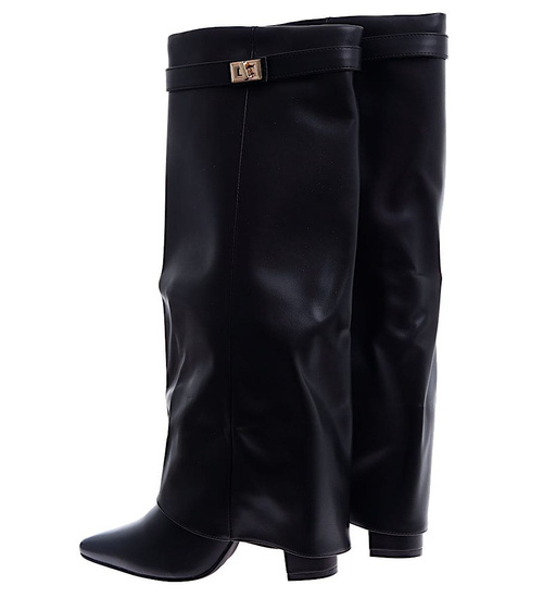 Czarne kozaki damskie na obcasie słupku z suwakiem /A3-2 15238 T937/