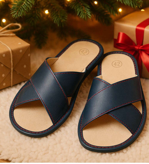 Skórzane męskie klapki domowe krzyżaki Granatowe /C3-1 16204 S195/