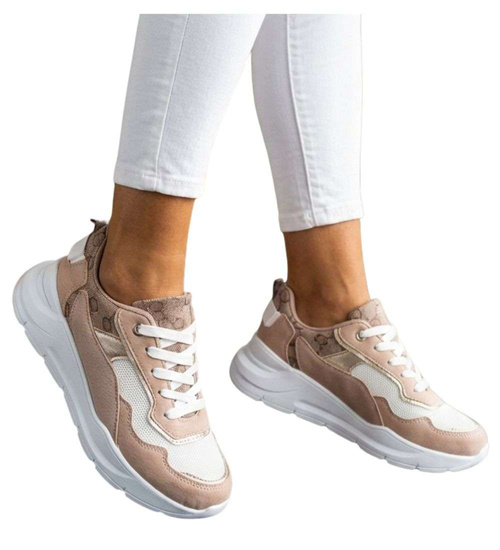 Wiązane sportowe buty damskie beżowe /D5-3 13920 T292/