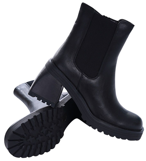 Czarne botki damskie na grubym słupku /G12-1 17050 G324/