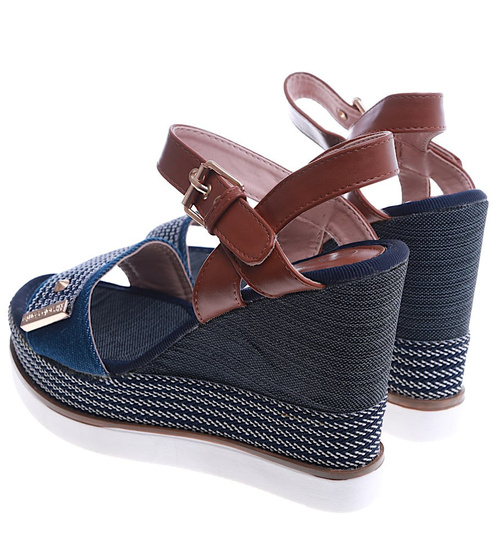 Granatowe damskie sandały na obcasie i platformie /B7-3 14078 S299/