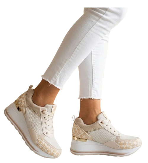 Beżowe trampki sneakersy na niskim koturnie /D1-2 13915 T396/