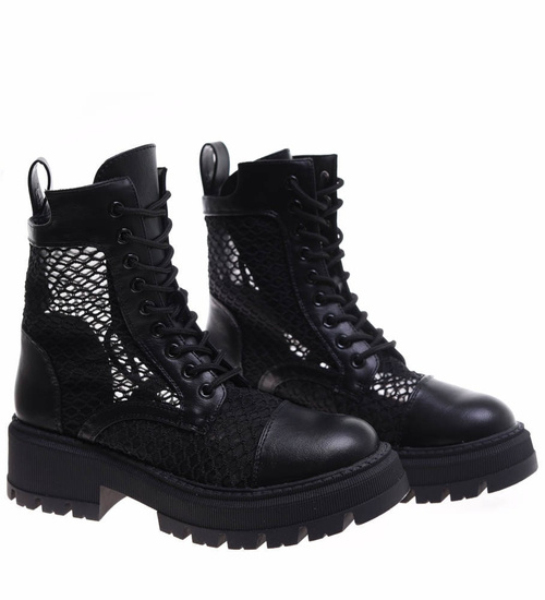 Czarne ażurowe botki trapery na platformie / 16769   G12-1  G381/