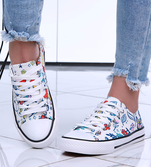 Białe sznurowane damskie trampki z kolorowym printem /D7-2 15604 T266/