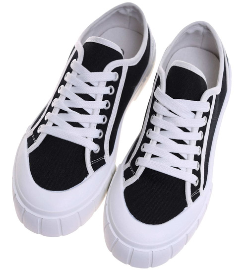 Czarne wiązane damskie trampki /C3-3 18068 T10-5/