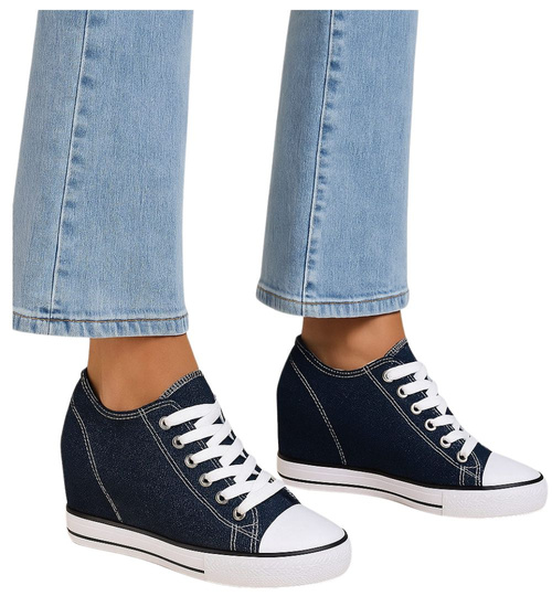 Granatowe trampki sneakersy na niskim koturnie /D6-3 13521 G099/