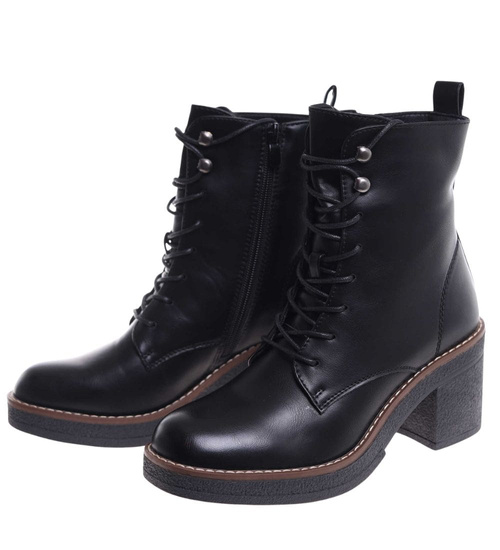 Sznurowane botki workery na obcasie Czarne /i6-3 h2 18406 W385/