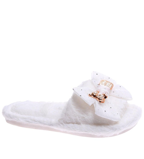 Pluszowe białe kapcie damskie z kokardą otwarte /B3-1 16967 T281/