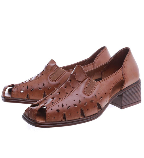 Brązowe sandały damskie na klocku /G12-3 14036 T035