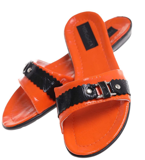 Pomarańczowo czarne klapki na płaskim obcasie /H2 14342 T005/