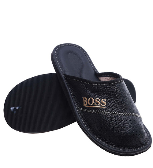 Skórzane kryte klapki domowe Czarne /E9-1 14299 S290/