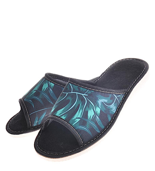 Kapcie damskie czarne z motywem liści /D8-1 12149 T192/