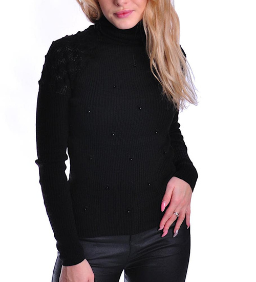 Czarny damski golf z perełkami /G5-1 UB394 T197/