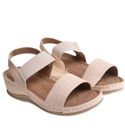 Sandały damskie na niskim koturnie Beżowe /F1-1 17871 T231/