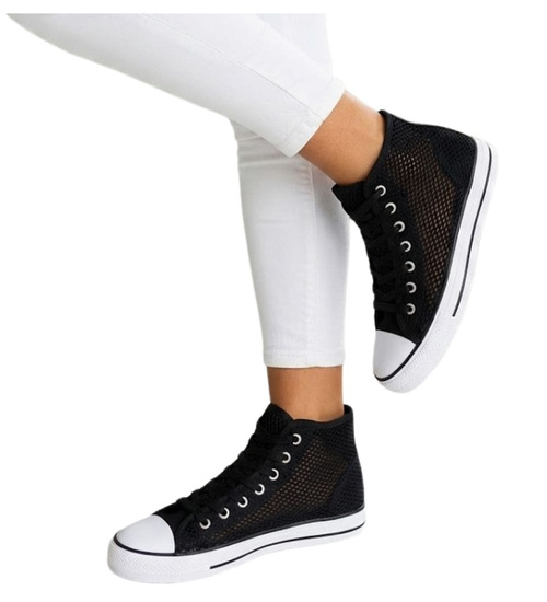 Ażurowe sznurowane trampki damskie Czarne /F1-1 16331 G9-84/