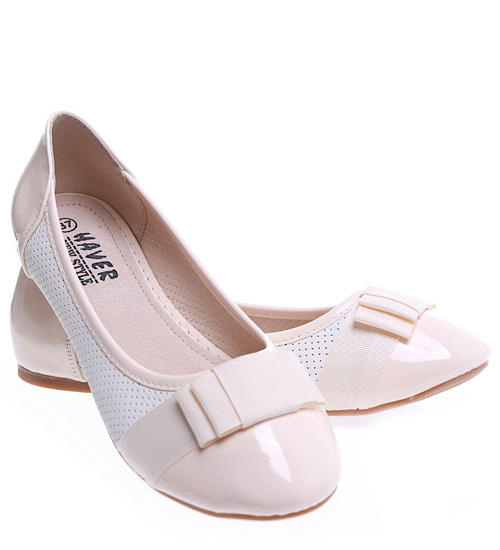 Beżowe ażurowe balerinki z kokardką /B2-2 15536 T148/