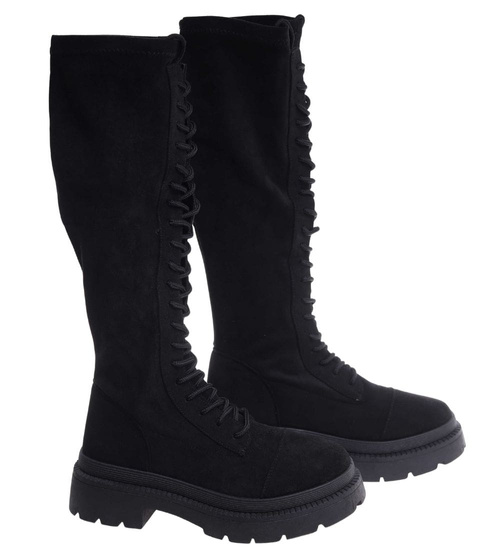 Zamszowe sznurowane botki glany Czarne /D8-3 18527 T499/