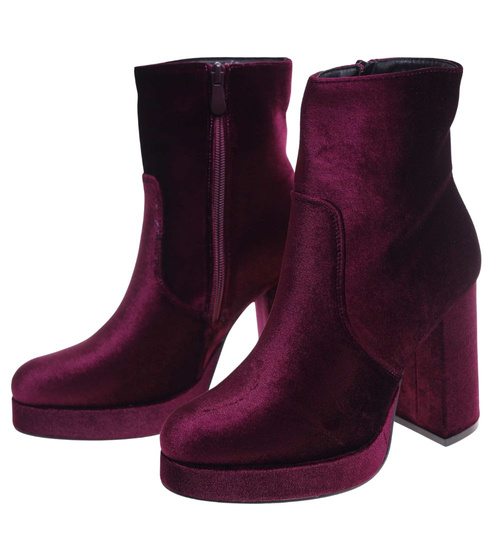 Welurowe botki damskie na platformie Wine /J6-3 H2 18393 G284/