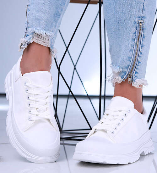 Sznurowane białe trampki damskie na platformie /D9-3 15664 T288/
