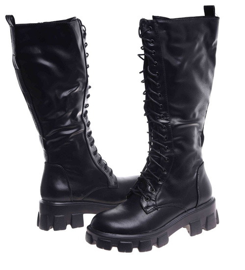 Wysokie wiązane glany damskie Czarne /A9-1 12550 T592/