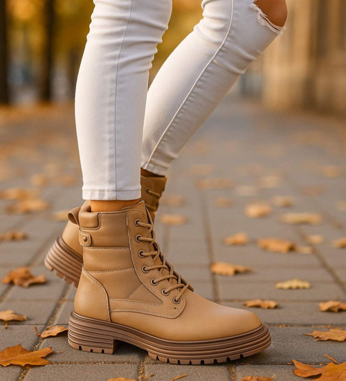 Sznurowane ocieplane botki trapery Khaki /F1-3 18255 W430/