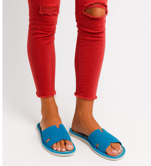 Skórzane domowe klapki kapcie niebieskie /F8-1 13378 S194/