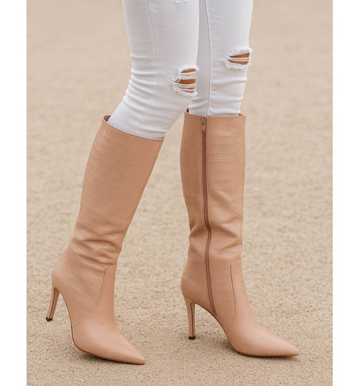 Beżowe kozaki damskie na szpilce /H2 16933 T282/