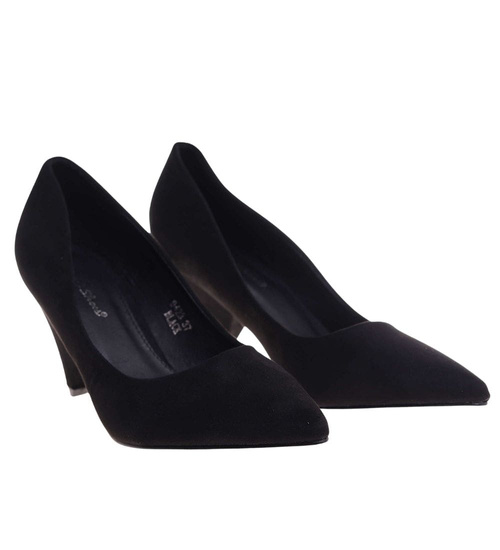 Czarne zamszowe czółenka damskie na obcasie /E5-2 12153 T197/