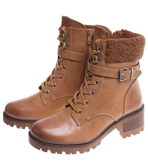 Karmelowe ocieplane botki damskie /F9-3 18180 T432/