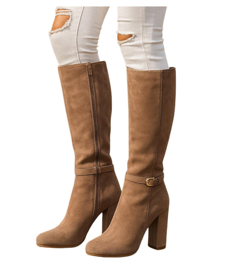 Eleganckie kozaki na obcasie słupku Khaki /D8-1 18216 W586/