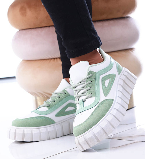 Sznurowane biało zielone trampki damskie /G9-3 13660 S247/