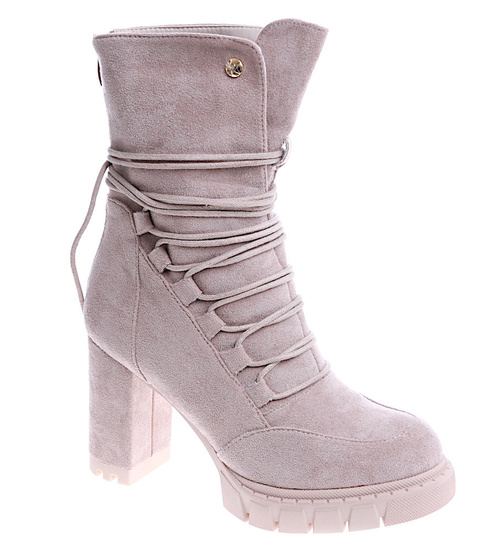 Zamszowe botki na słupku i platformie beżowe D6-3 14837 T108/