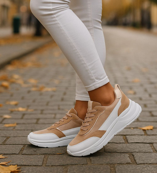 Wiązane sportowe buty damskie beżowe /F8-2 13919 T292/