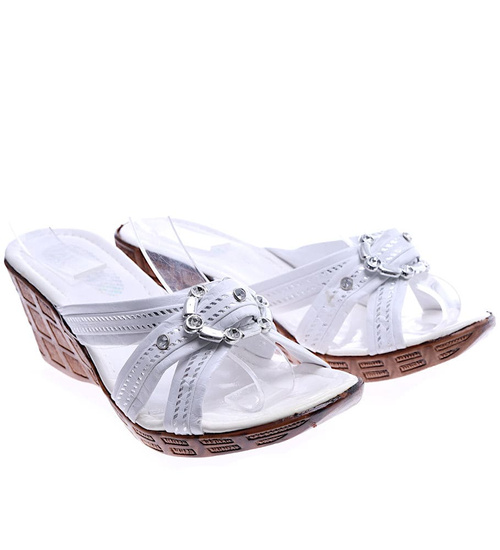 Białe damskie klapki na niskim koturnie /H2 14332 T005/