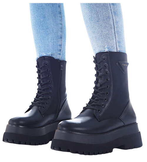 Czarne damskie botki glany trapery na platformie /F1-2 16957 T966/