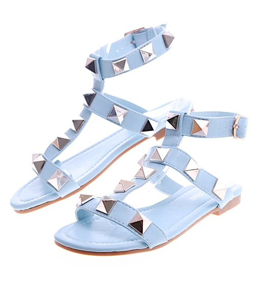 Niebieskie płaskie sandały damskie z piramidkami /F3-3 13495 T191/