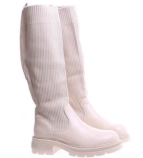 Beżowe kozaki damskie na platformie z elastyczną cholewką / E6-3 15306 T792/