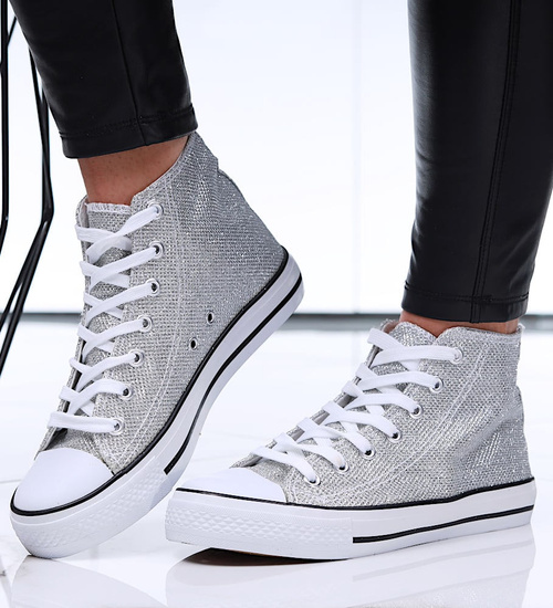 Srebrne trampki damskie z wysoką cholewką /E5-3 16602 G099/