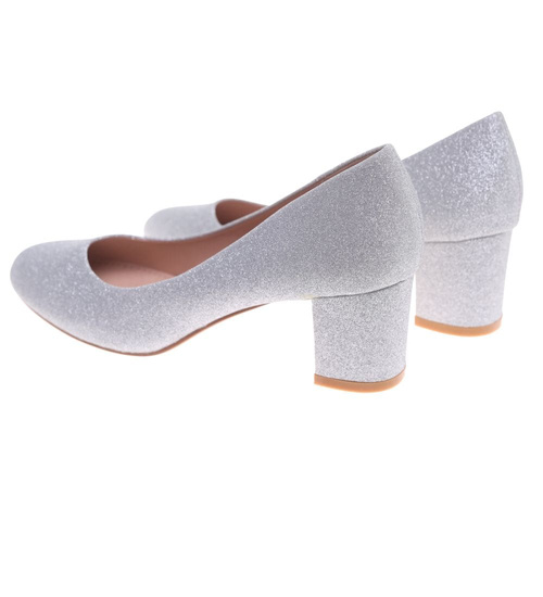 Wizytowe srebrne czółenka na klocku /G11-2 18632 T357/