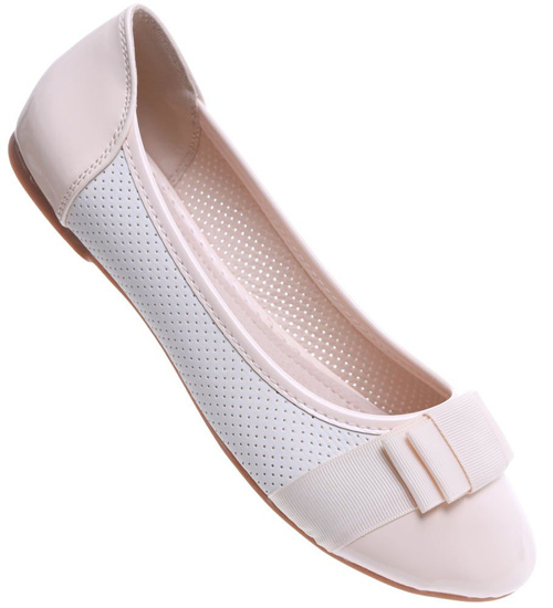 Beżowe ażurowe balerinki z kokardką /B2-2 15536 T148/