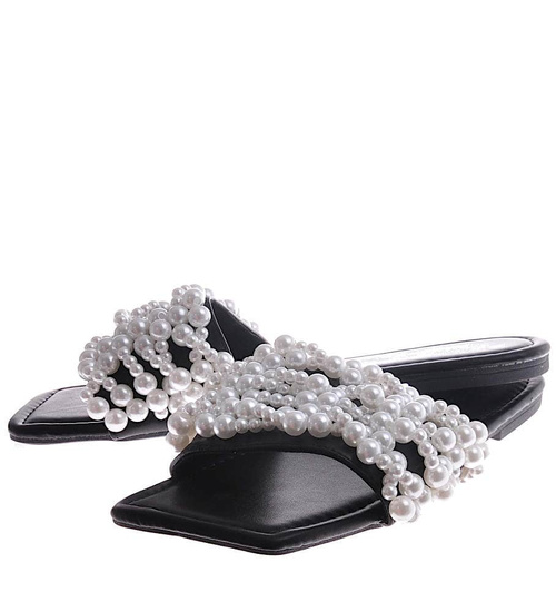 Czarne damskie klapki z perełkami /G8-2 12151 T192/