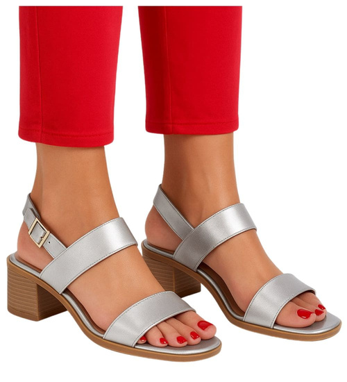 Srebrne sandały damskie na grubym obcasie /B4-3 16348 G340/