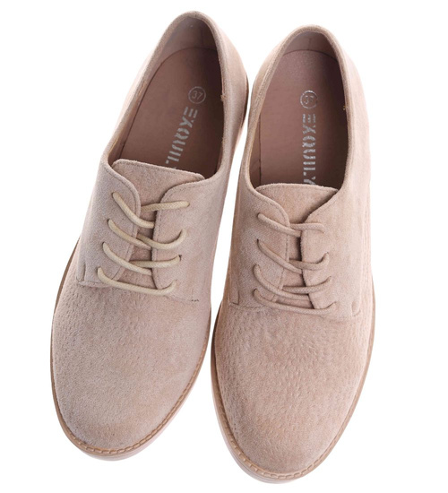 Beżowe baleriny damskie zamszowe oxfordy /J4-2 18621 W177/