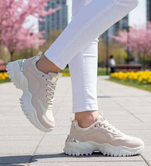 Sznurowane sportowe buty damskie beżowe /A5-3 13731 T598/