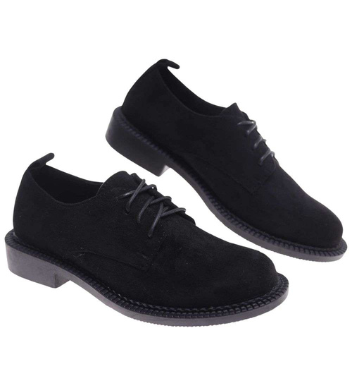 Czarne półbuty oxfordy damskie sznurowane zamszowe /D8-1 18701 T155/